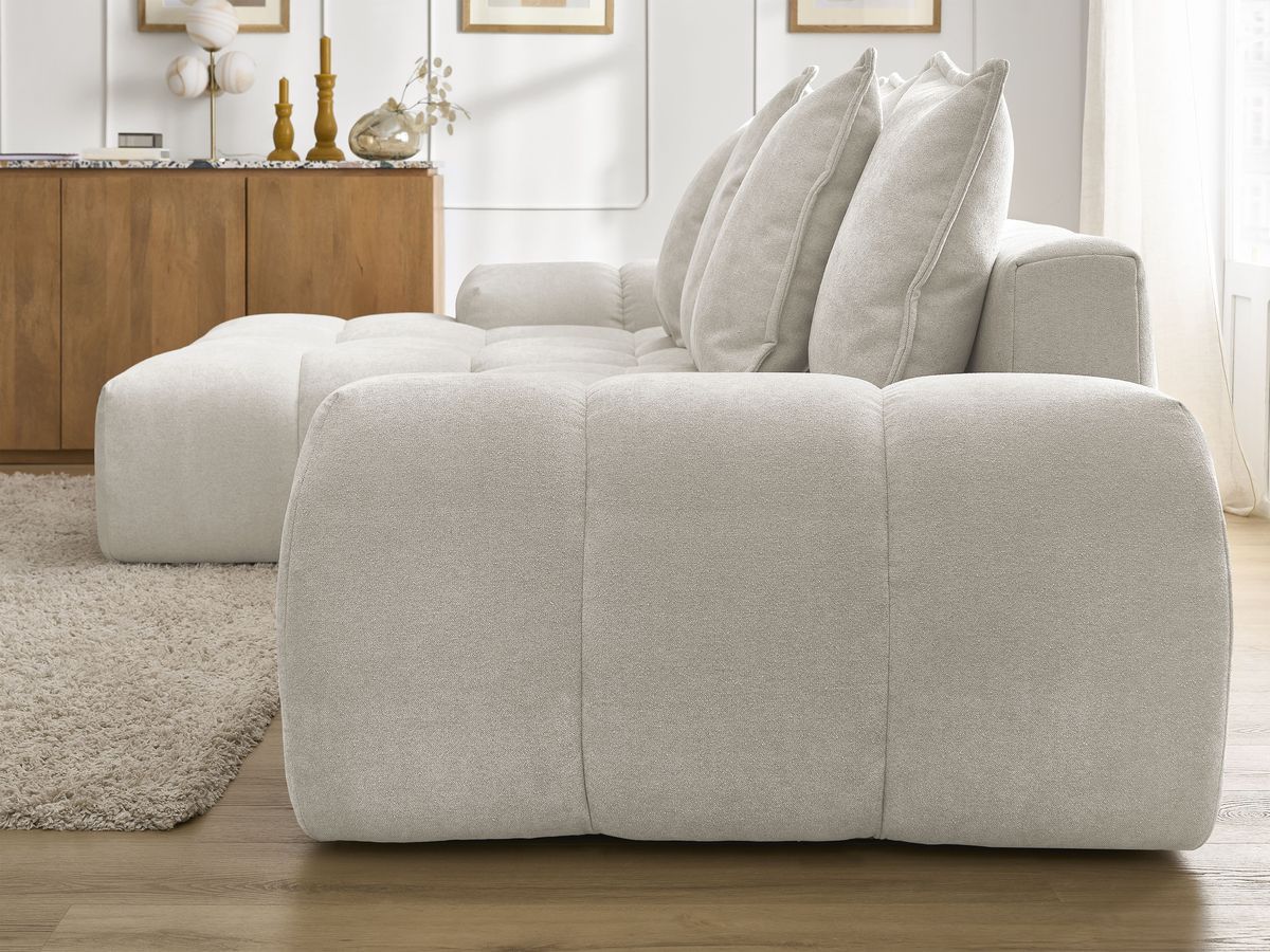 Bobochic Everest Ecksofa mit Schlaffunktion und Bettkasten 318 × 180 cm, 7 Kissen Strukturstoff Weiß Ecke links