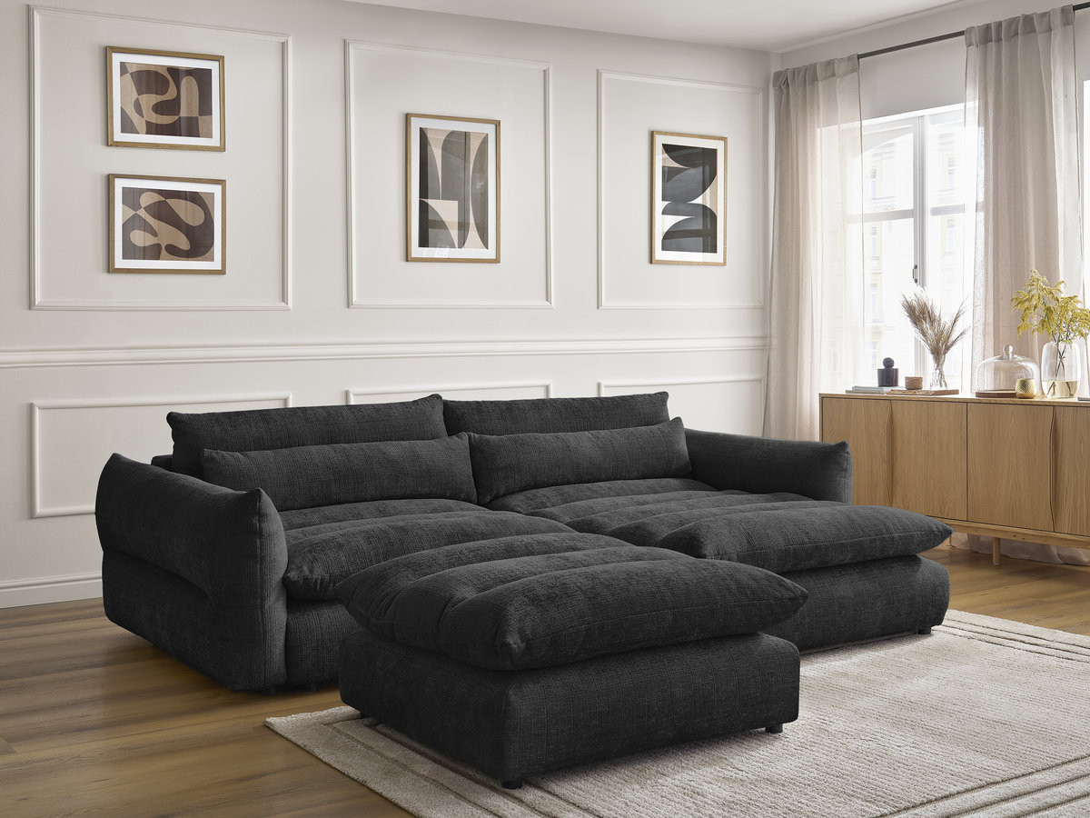 Bobochic Neil Ecksofa mit Pouf Strukturstoff Schwarz Ecke rechts