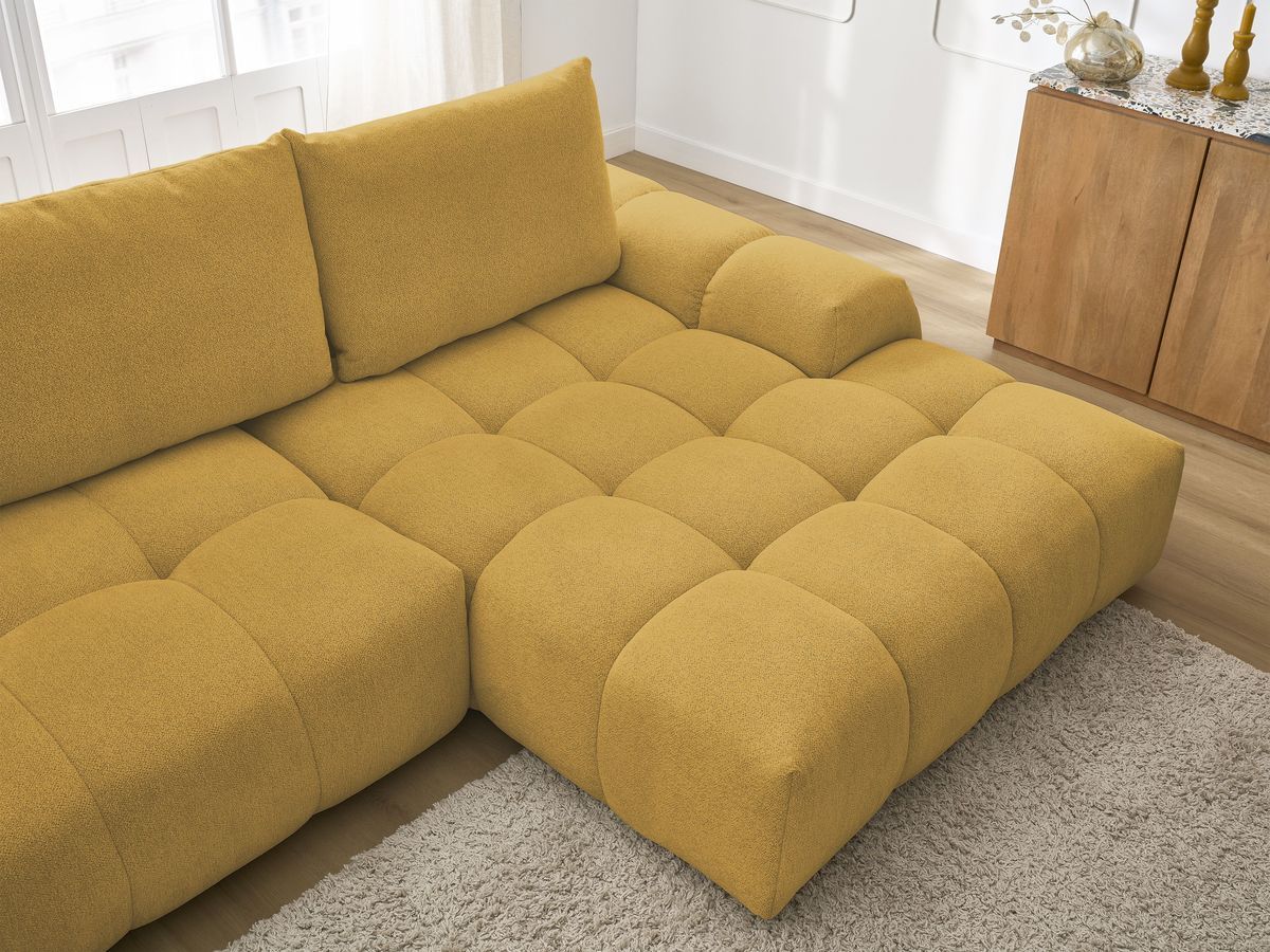 Bobochic Everest Ecksofa mit Schlaffunktion und Bettkasten 318 × 180 cm, 3 Kissen Melange-Stoff Gelb Ecke rechts