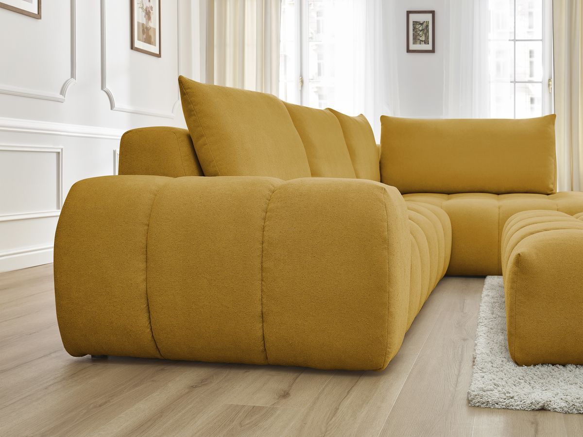 Bobochic Everest Ecksofa mit Schlaffunktion und Pouf, 4 Kissen Strukturstoff Gelb Ecke rechts