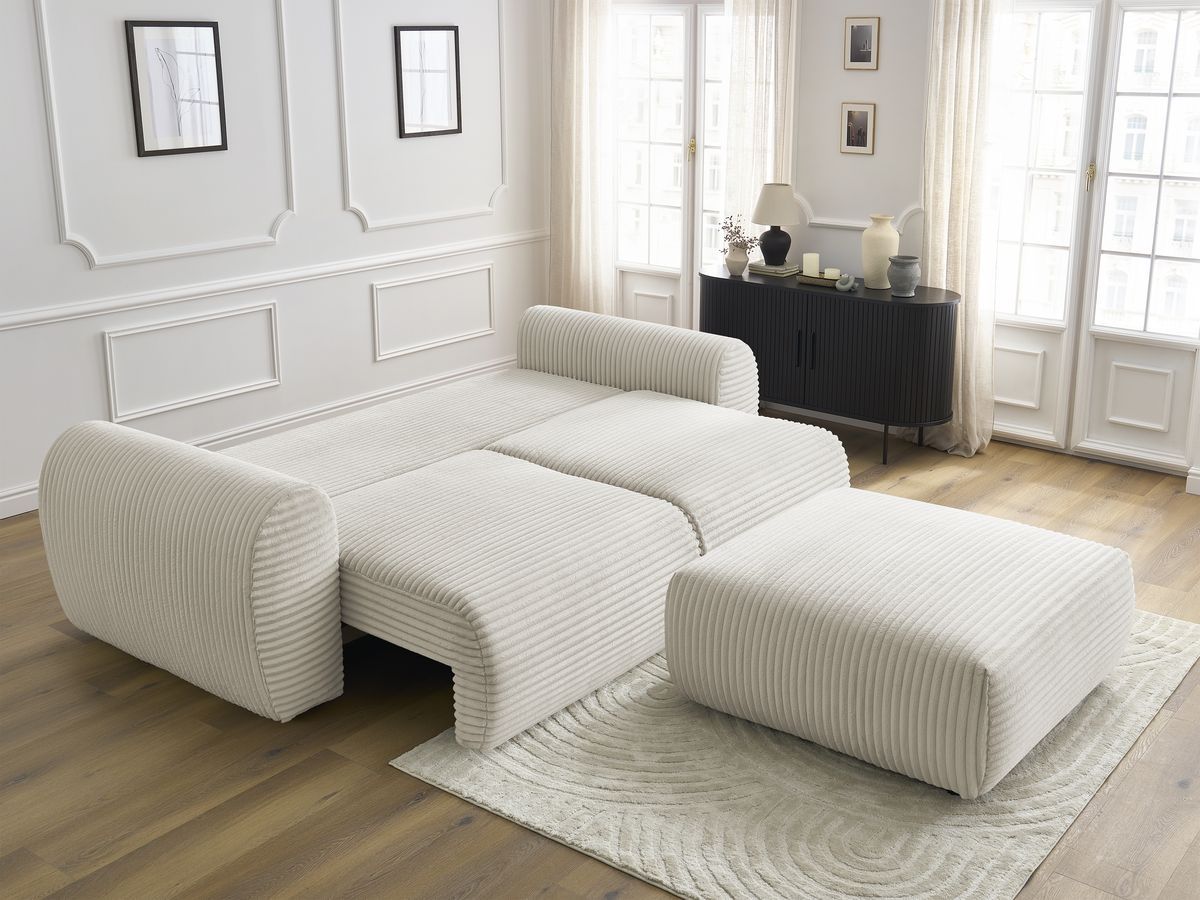 Bobochic Lucien Schlafsofa 4-Sitzer mit Bettkasten und Pouf Breitcord weich Beige