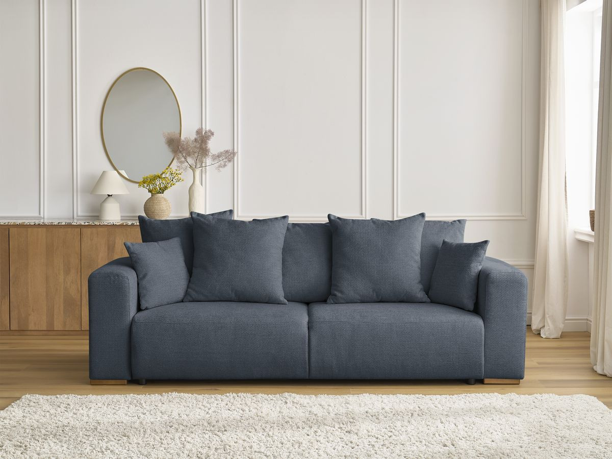 Bobochic Sidonie Schlafsofa 3-Sitzer mit Bettkasten Melange-Stoff Dunkelblau
