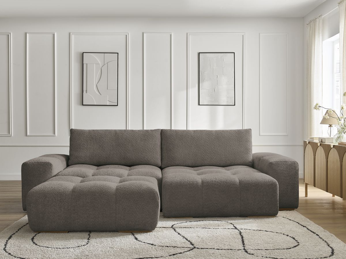 Bobochic Anakin Ecksofa mit Pouf, 2 Kissen Bouclé-Stoff Braun
