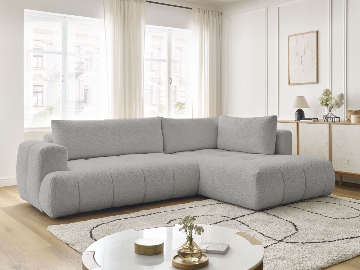 Bobochic Fuji Ecksofa mit Schlaffunktion und Bettkasten 282 × 204 cm Bouclé-Stoff Hellgrau Ecke rechts
