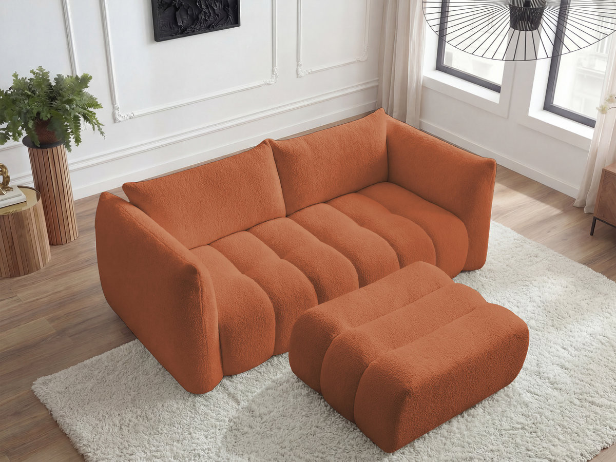 Bobochic Azra Sofa 3-Sitzer mit Pouf Bouclé-Stoff Orange
