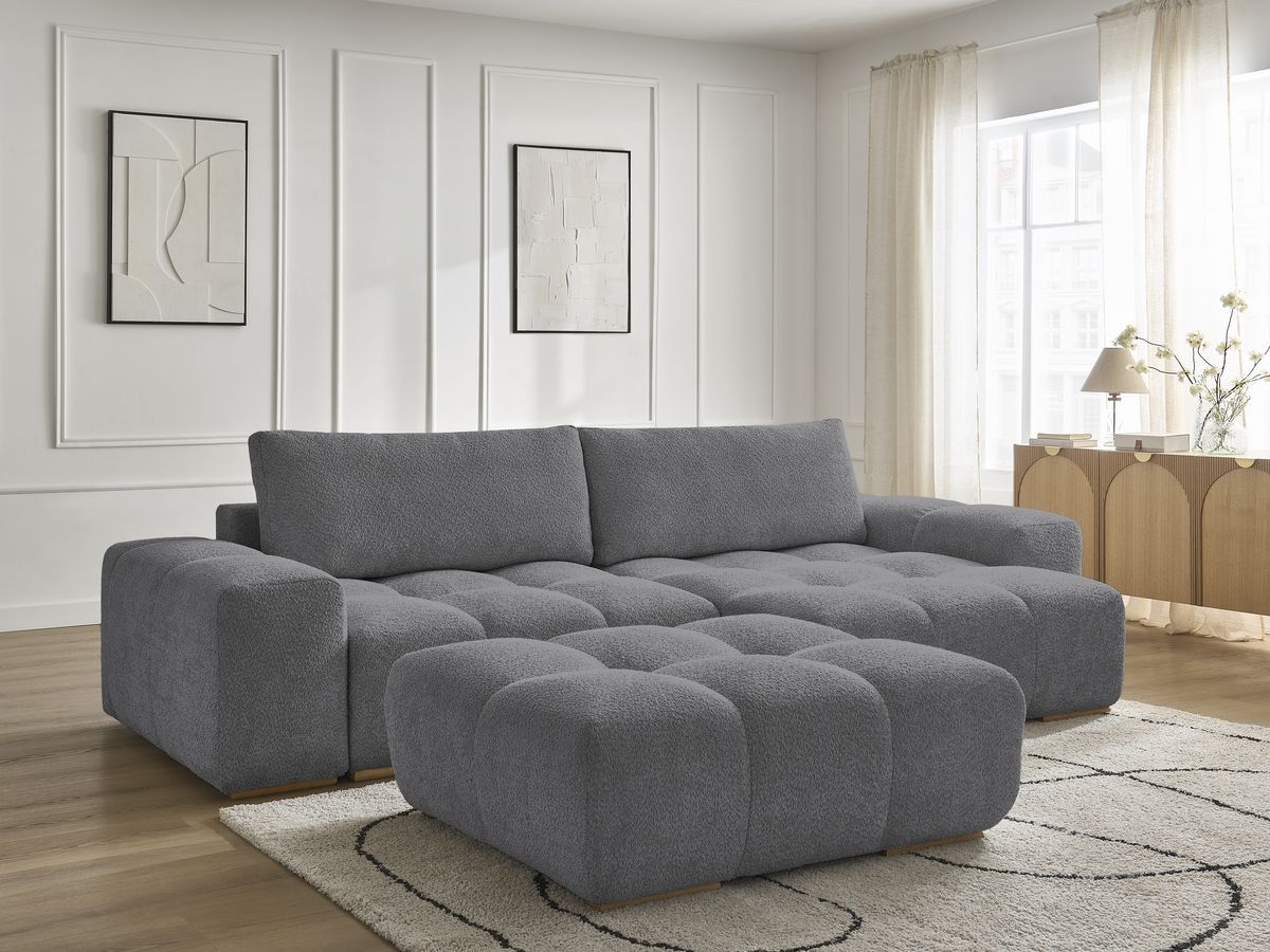 Bobochic Anakin Ecksofa mit Schlaffunktion und Bettkasten und Pouf, 2 Kissen Bouclé-Stoff Dunkelgrau