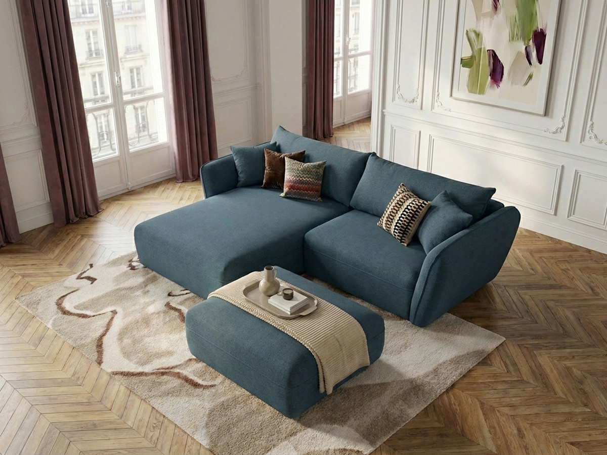 Bobochic Luigi Ecksofa mit Pouf Strukturstoff Blau Ecke links