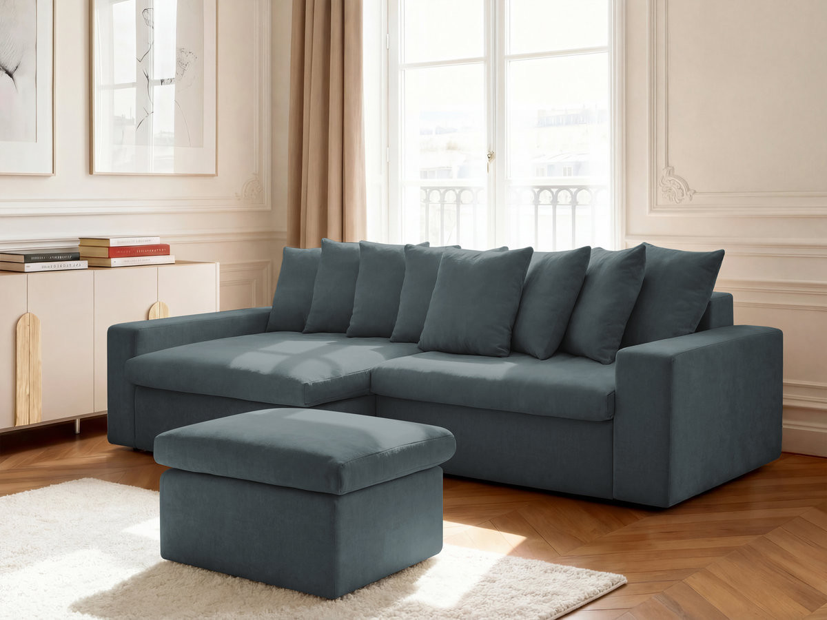 Bobochic Enore Ecksofa mit Pouf Stoff Blau Ecke links
