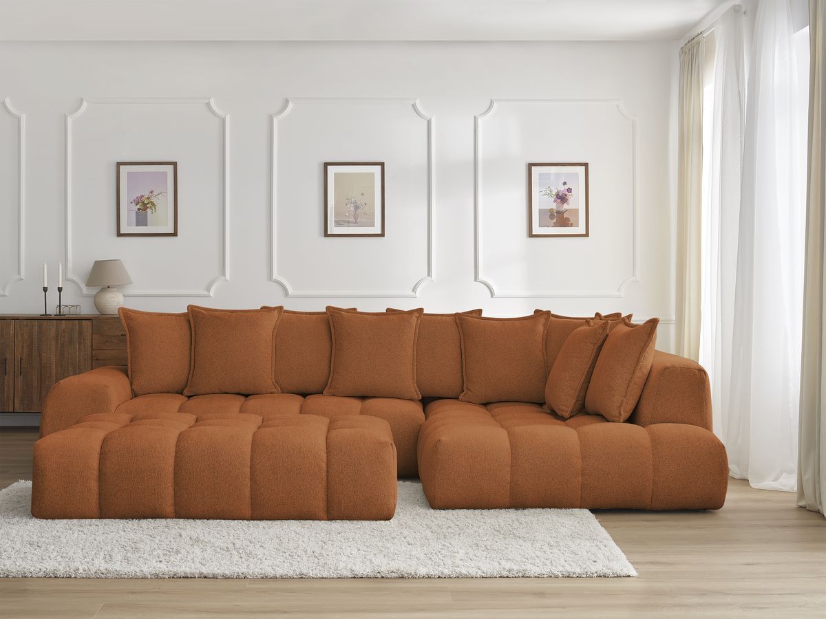 Bobochic Everest Ecksofa mit Schlaffunktion und Pouf, 10 Kissen Melange-Stoff Orange Ecke rechts