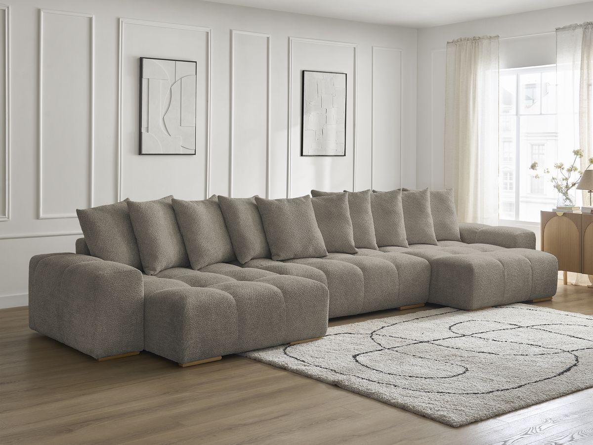 Bobochic Anakin Wohnlandschaft, Liegefläche 137 × 382 cm, 10 Kissen Bouclé-Stoff Taupe