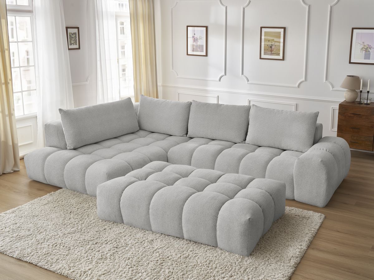Bobochic Everest Ecksofa mit Schlaffunktion und Pouf, 4 Kissen Melange-Stoff Hellgrau Ecke links