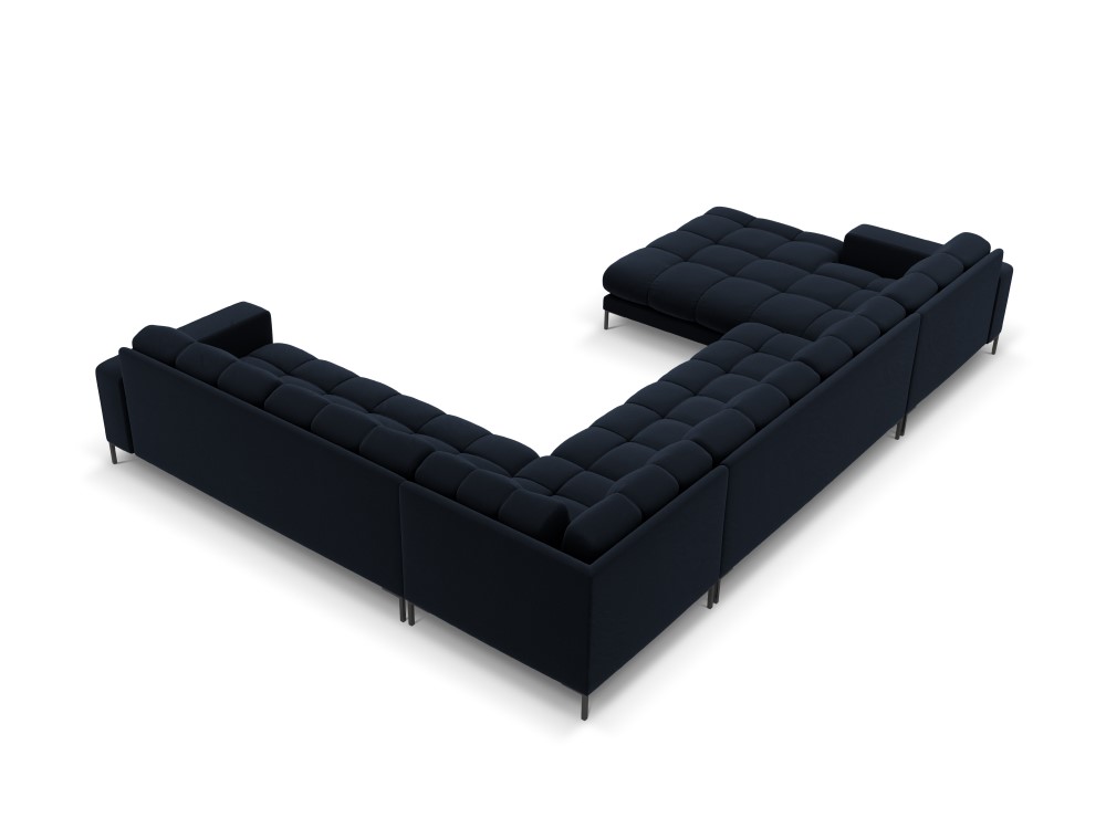 Cosmopolitan Design Panoramasofa Bali 7-Sitzer 327 cm Samt Bluvel Dunkelblau Rechts Beine Schwarzes Metall