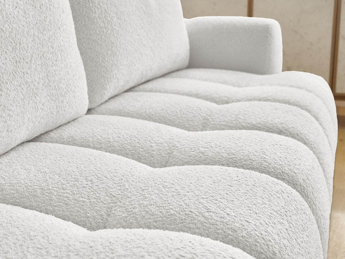 Bobochic Fuji Schlafsofa 3-Sitzer mit Bettkasten und Pouf Bouclé-Stoff Weiß