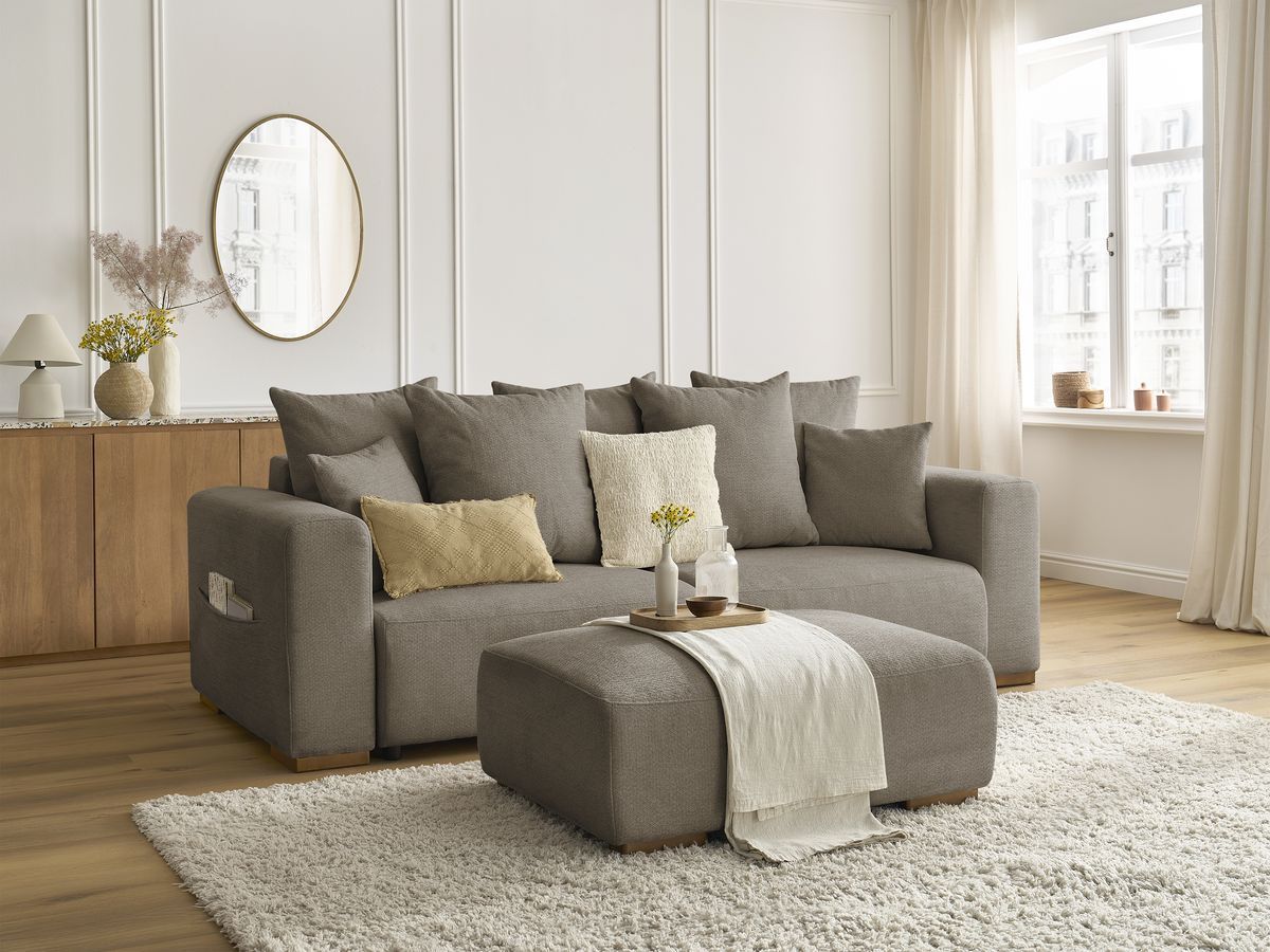 Bobochic Sidonie Schlafsofa 4-Sitzer mit Bettkasten und Pouf Melange-Stoff Taupe