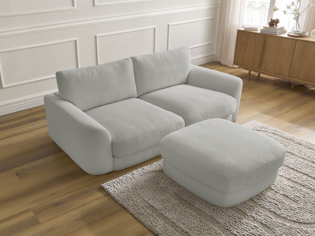Bobochic Leonore Sofa 3-Sitzer mit Pouf Bouclé-Stoff Hellgrau