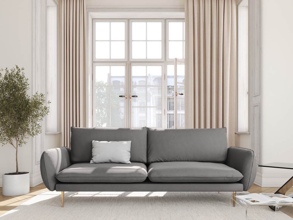 Cosmopolitan Design Sofa Vienna 3-Sitzer Samt Bluvel Hellgrau Beine Gold