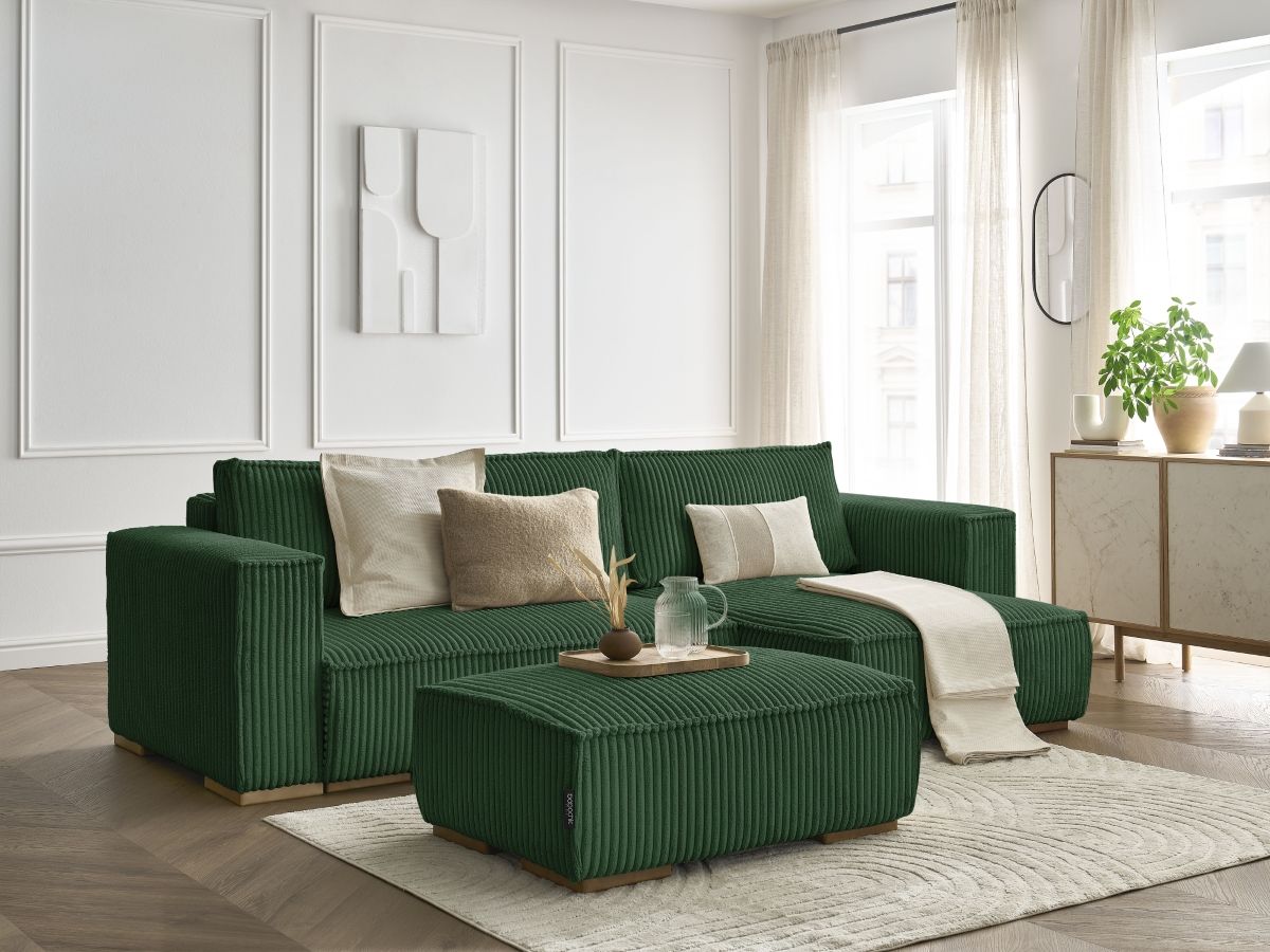 Bobochic Chelsea Ecksofa mit Schlaffunktion und Bettkasten und Pouf Breitcord weich Grün