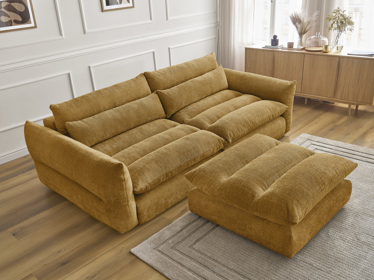 Bobochic Neil Sofa 3-Sitzer mit Pouf Strukturstoff Gelb