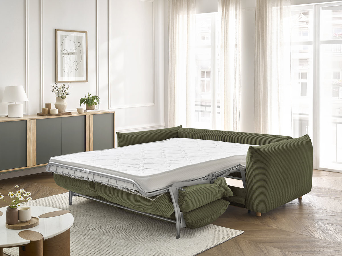 Bobochic Ernest Schlafsofa 3-Sitzer, Liegefläche 140 / 160 × 190 cm Cordsamt Grün, Liegefläche 140 × 190 cm