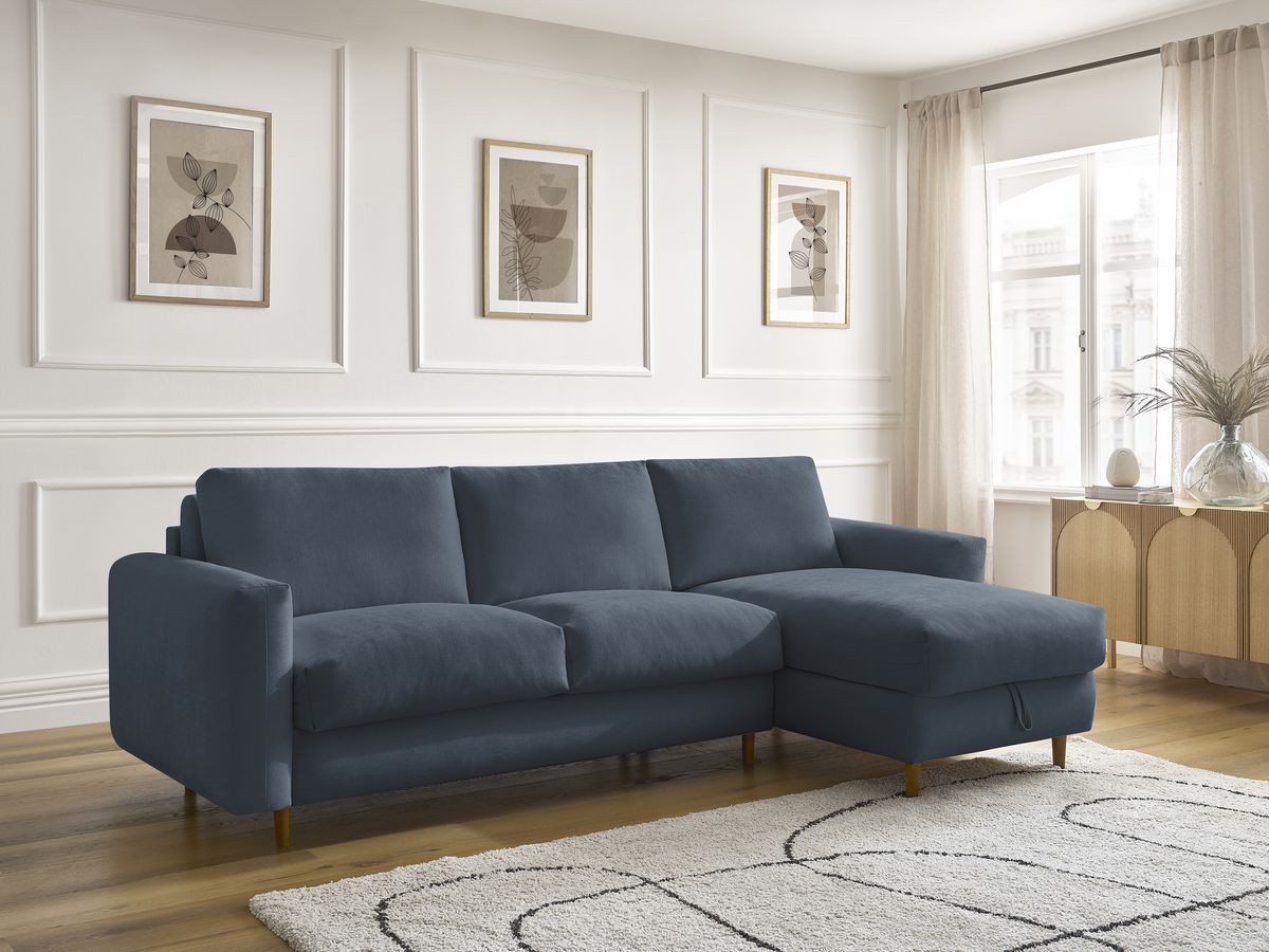 Bobochic Cocoone Ecksofa mit Schlaffunktion und Bettkasten Stoff Dunkelblau, Liegefläche 160 × 200 cm
