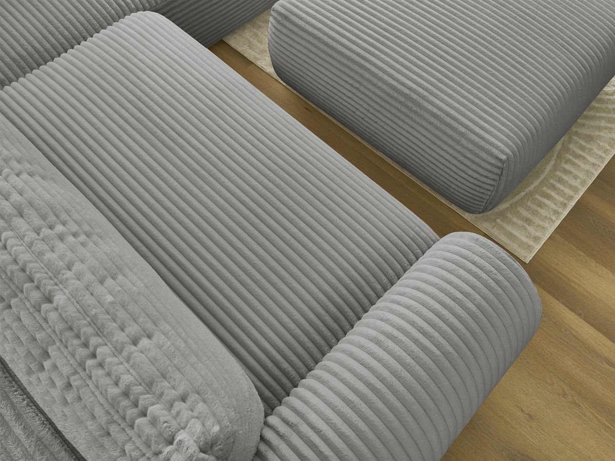 Bobochic Lucien Ecksofa mit Schlaffunktion und Bettkasten und Pouf 296 × 198 cm Breitcord weich Hellgrau Ecke rechts