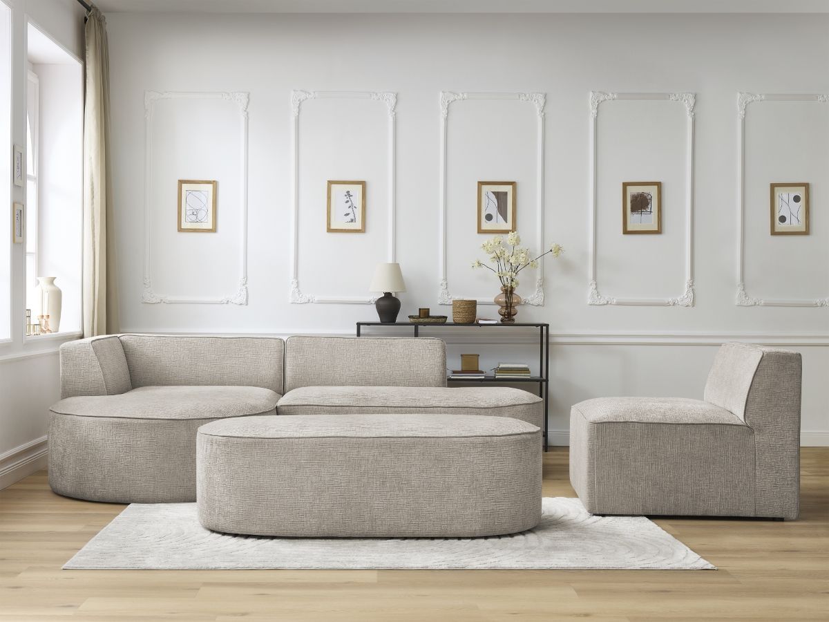 Bobochic Rousseau Ecksofa mit Sofamodul und Pouf Strukturstoff Beige Ecke links
