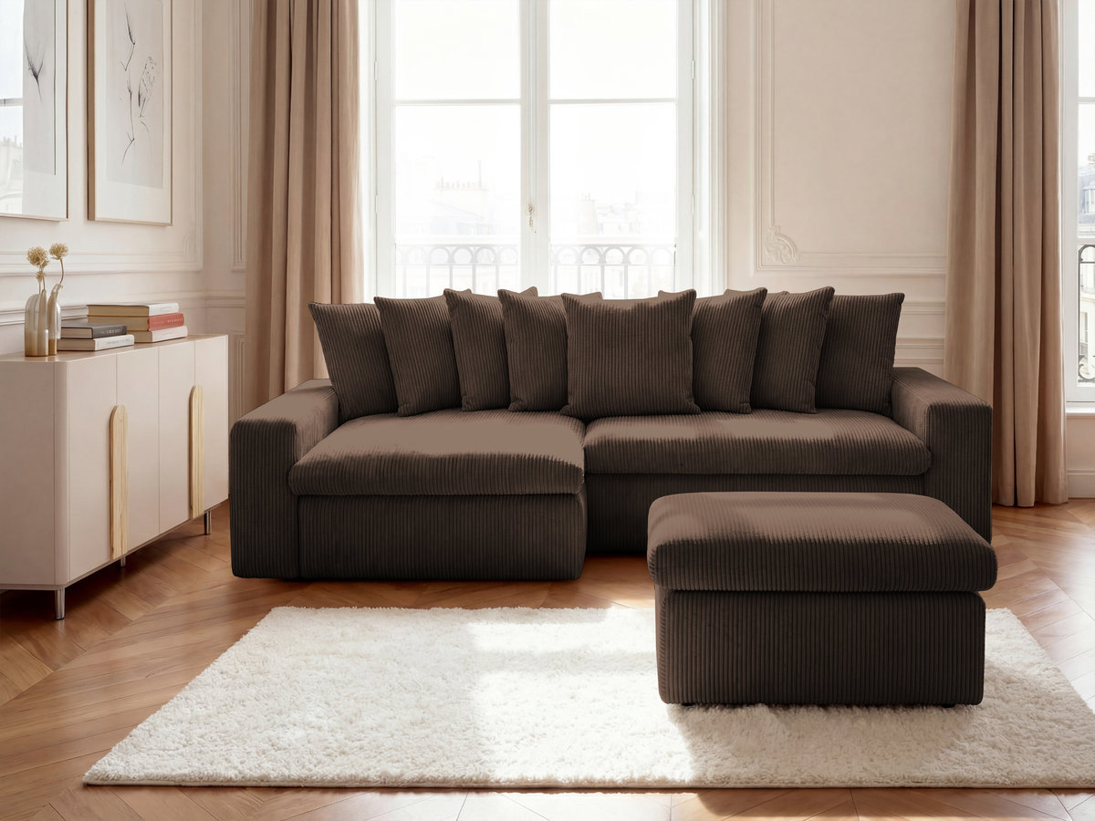 Bobochic Enore Ecksofa mit Pouf Cordsamt Braun Ecke links