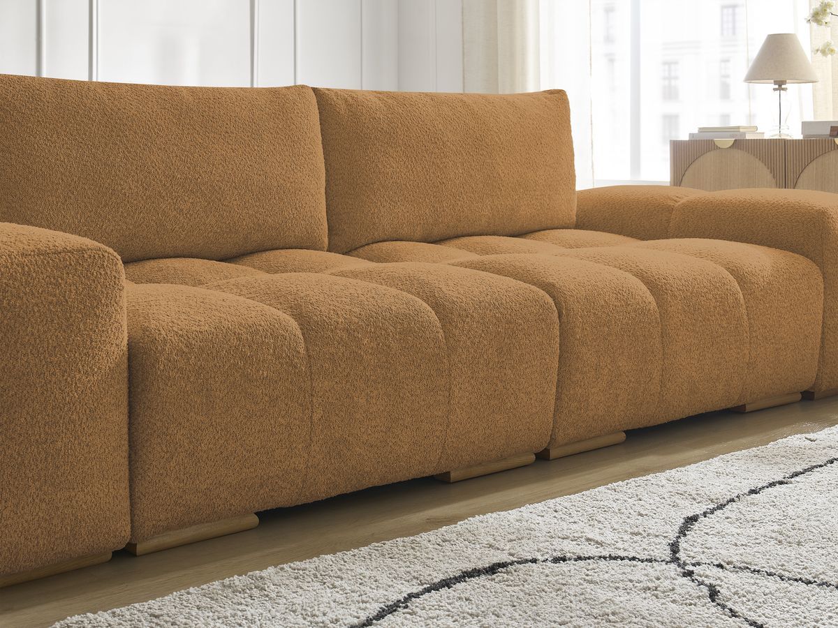 Bobochic Anakin Schlafsofa 3-Sitzer mit Bettkasten und Pouf, 2 Kissen Bouclé-Stoff Gelb