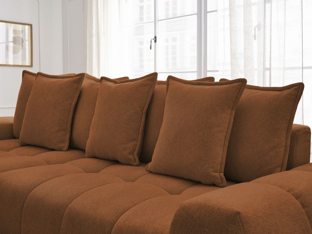 Bobochic Everest Ecksofa mit Schlaffunktion und Bettkasten 318 × 180 cm, 7 Kissen Melange-Stoff Orange Ecke links