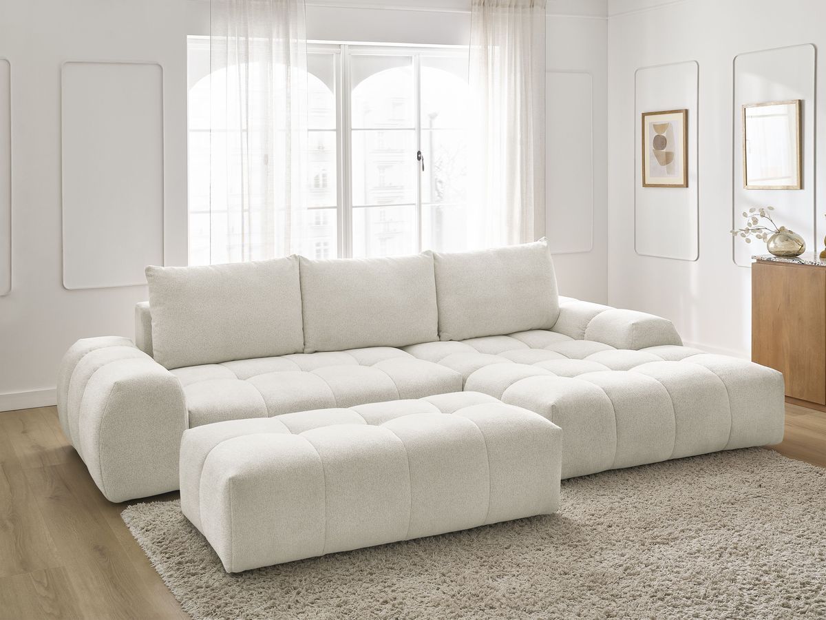 Bobochic Everest Ecksofa mit Schlaffunktion und Bettkasten und Pouf 318 × 180 cm, 3 Kissen Melange-Stoff Weiß Ecke rechts
