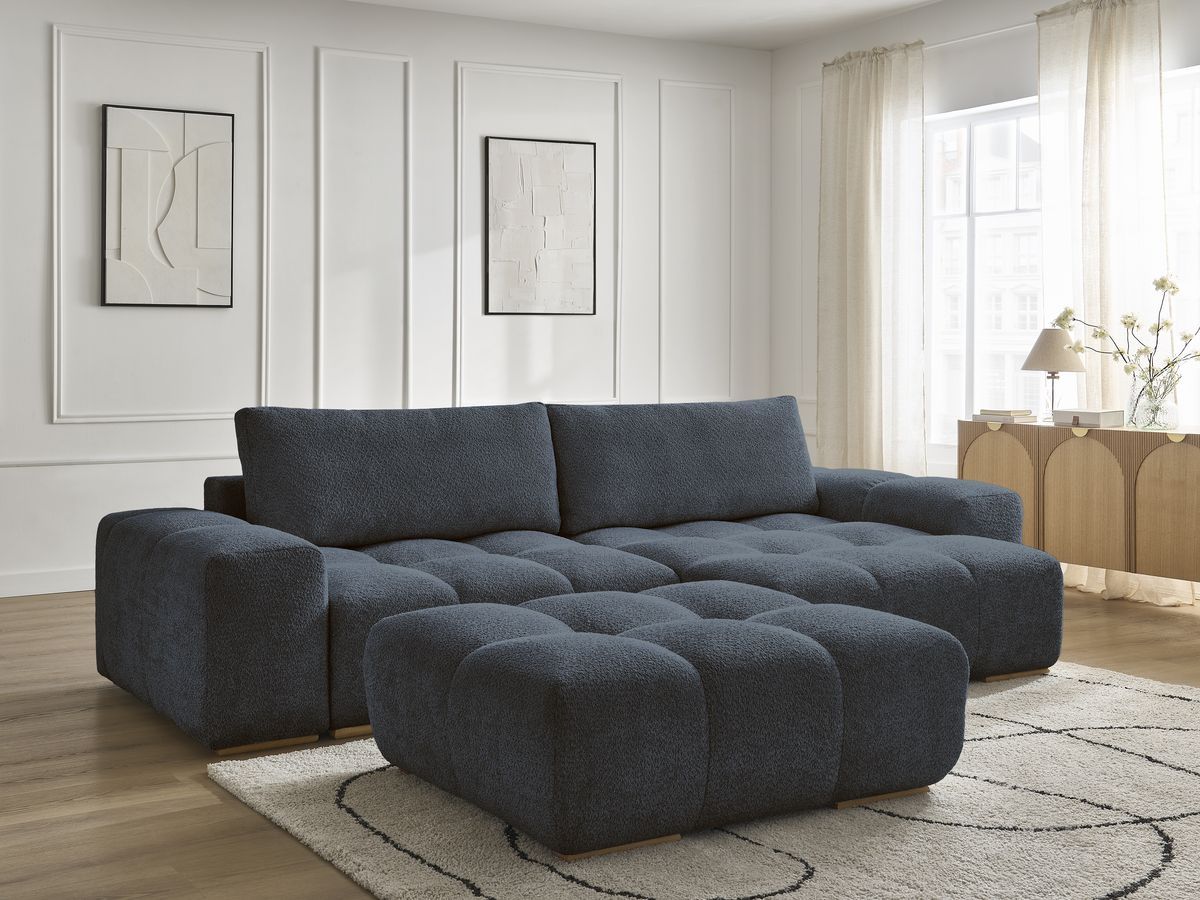 Bobochic Anakin Ecksofa mit Pouf, 2 Kissen Bouclé-Stoff Dunkelblau