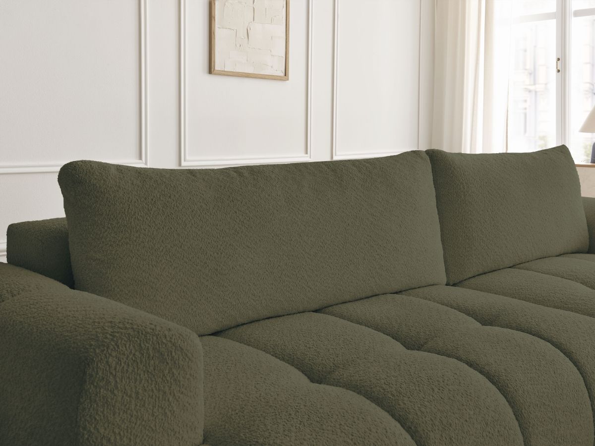 Bobochic Fuji Ecksofa mit Schlaffunktion und Bettkasten und Pouf 292 × 160 cm Bouclé-Stoff Grün Ecke rechts