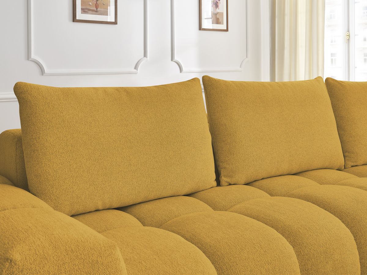 Bobochic Everest Ecksofa mit Schlaffunktion und Pouf, 4 Kissen Melange-Stoff Gelb Ecke rechts