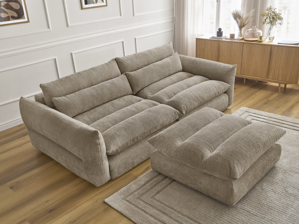 Bobochic Neil Sofa 3-Sitzer mit Pouf Strukturstoff Taupe