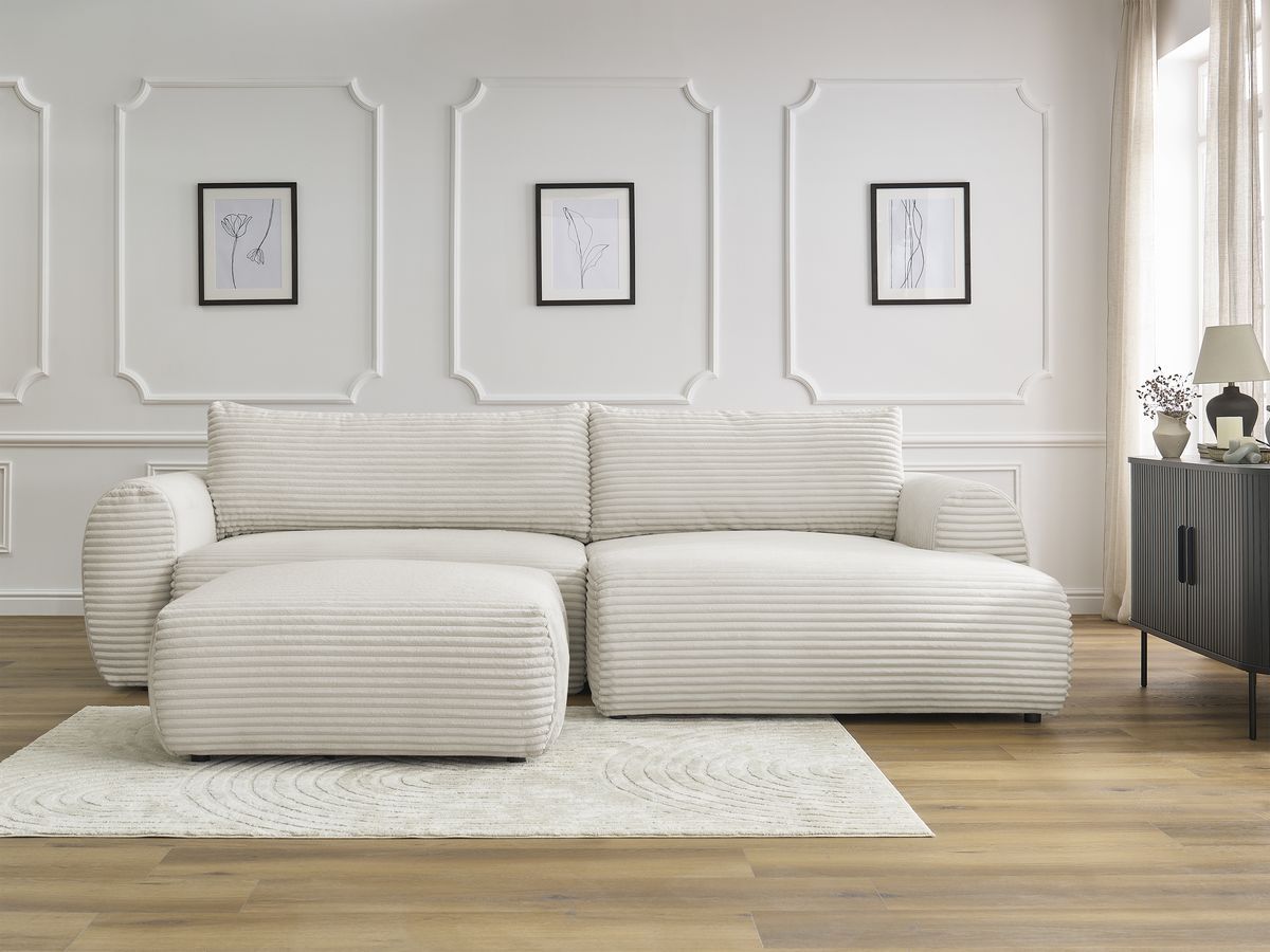 Bobochic Lucien Ecksofa mit Schlaffunktion und Bettkasten und Pouf 314 × 167 cm Breitcord weich Beige Ecke rechts