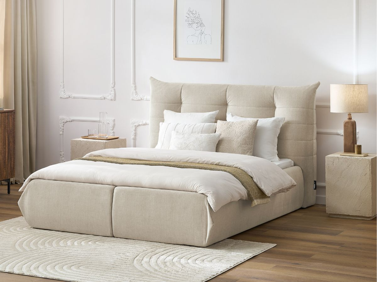 Bobochic Clothilde Polsterbett mit Bettkasten Samt Beige, Liegefläche 140 × 190 cm
