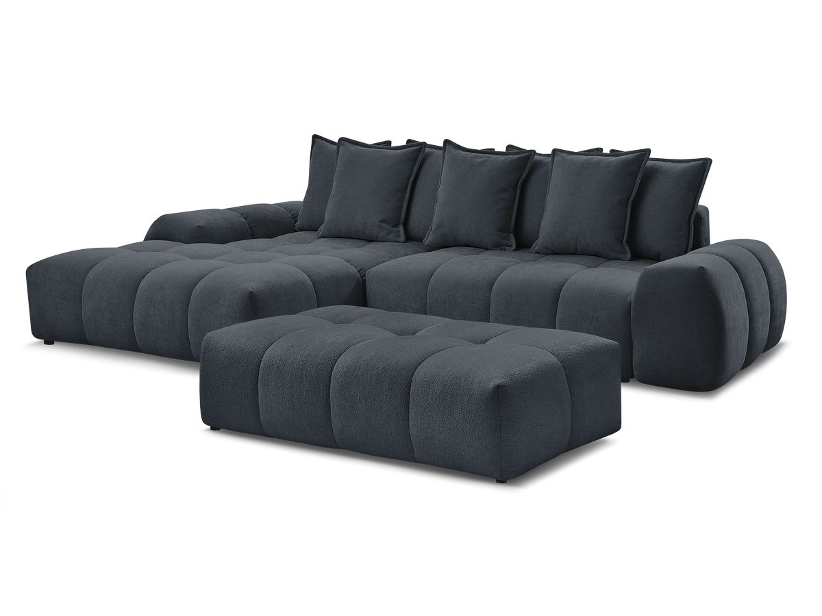 Bobochic Everest Ecksofa mit Schlaffunktion und Bettkasten und Pouf 318 × 180 cm, 7 Kissen Strukturstoff Blau Ecke links
