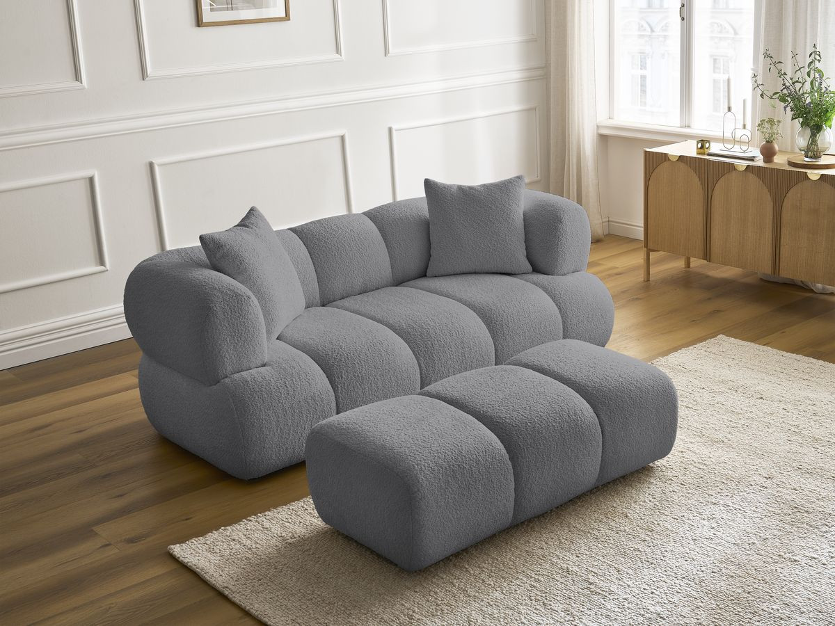 Bobochic Pamira Sofa 2-Sitzer mit Pouf Bouclé-Stoff Dunkelgrau