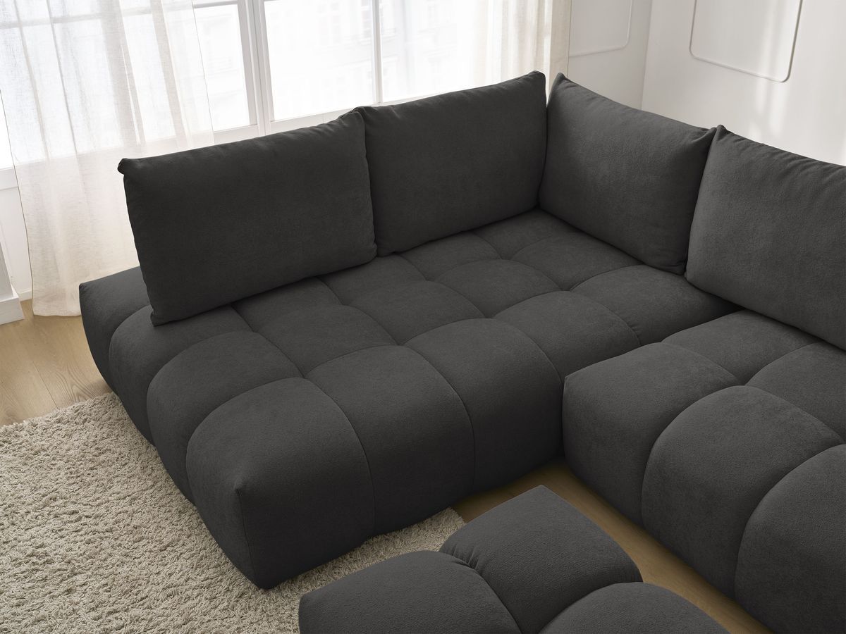 Bobochic Everest Ecksofa mit Schlaffunktion und Bettkasten und Pouf 320 × 212 cm, 5 Kissen Strukturstoff Schwarz Ecke links