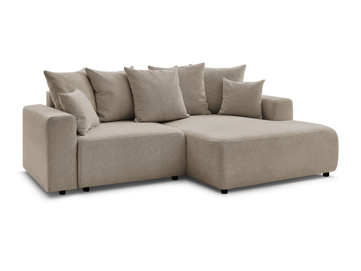Bobochic Atilla Ecksofa mit Schlaffunktion und Bettkasten Melange-Stoff Taupe Ecke rechts