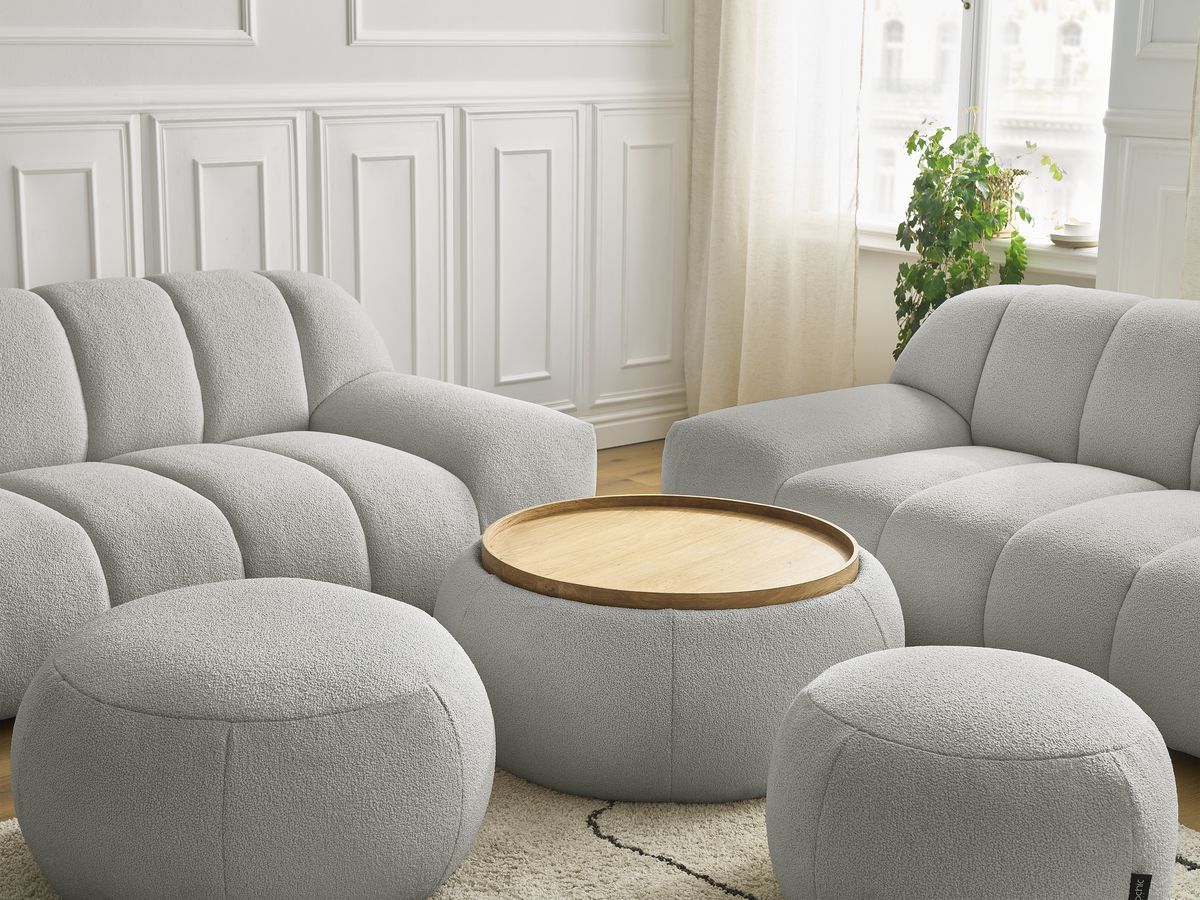 Bobochic Hayden Sofa 7-Sitzer mit Pouf Bouclé-Stoff Hellgrau