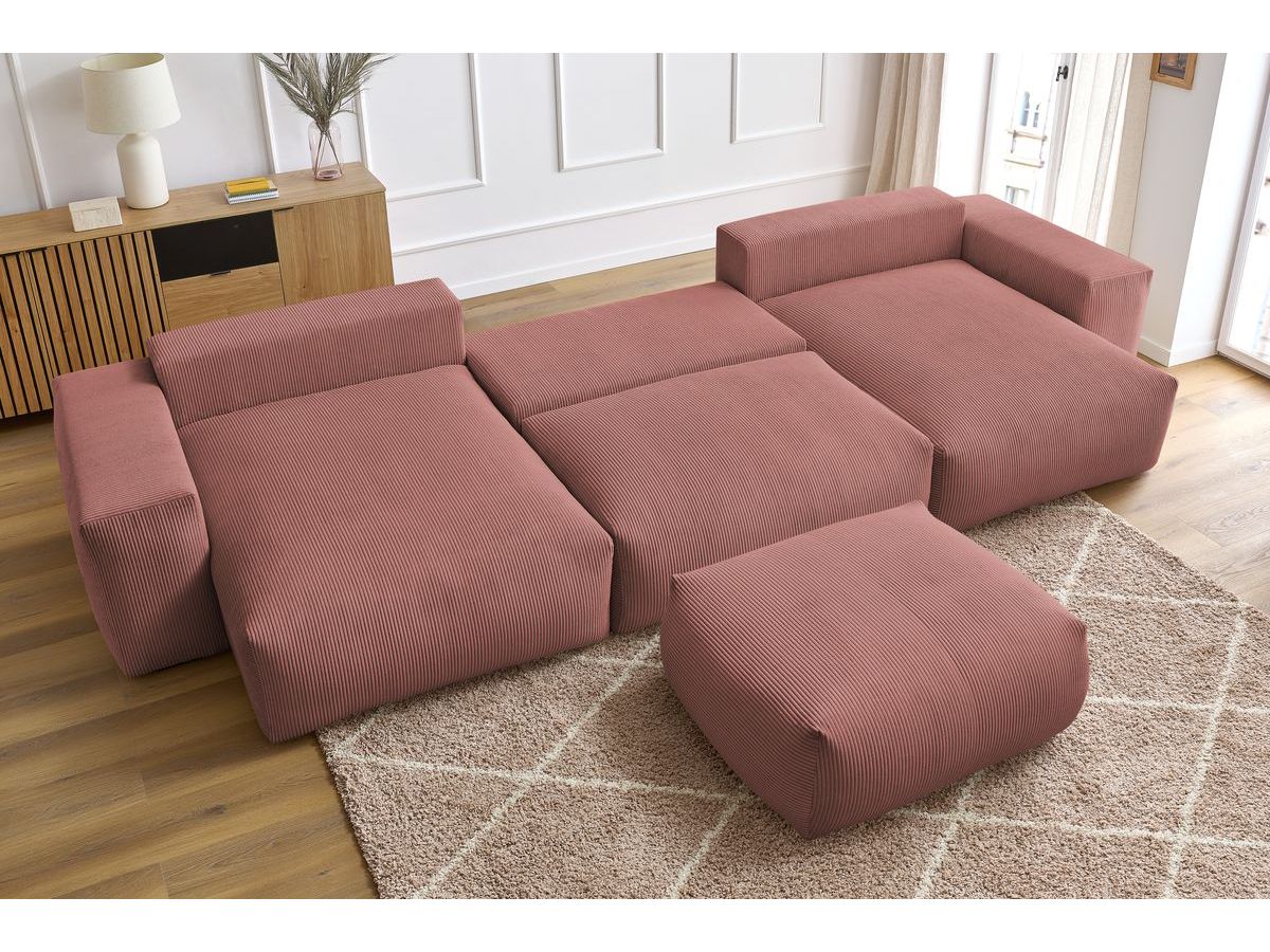 Bobochic Voltaire Wohnlandschaft mit Pouf 420 × 174 cm, Liegefläche 135 × 345 cm Cordsamt Rosa