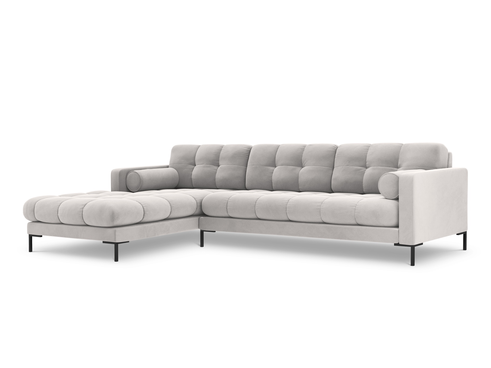 Cosmopolitan Design Ecksofa Bali 5-Sitzer Samt Bluvel Silber Links Beine Schwarzes Metall