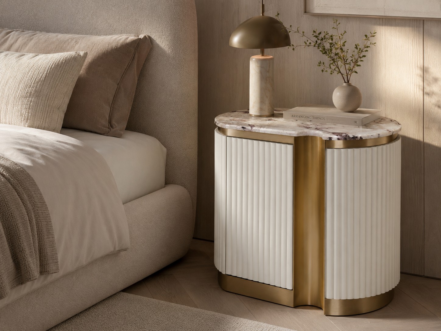 Livin Hill Nachttisch Stilig Bedroom 60 cm Ecru-Weiß, Platte Taupe/Kühles Dunkelbraun rechts