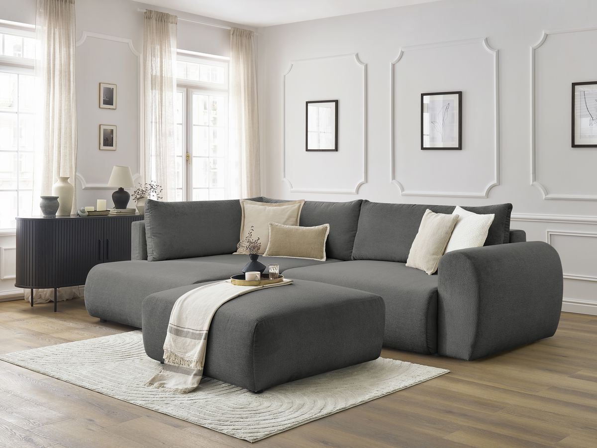 Bobochic Lucien Ecksofa mit Schlaffunktion und Bettkasten und Pouf 296 × 198 cm Stoff Dunkelgrau Ecke links