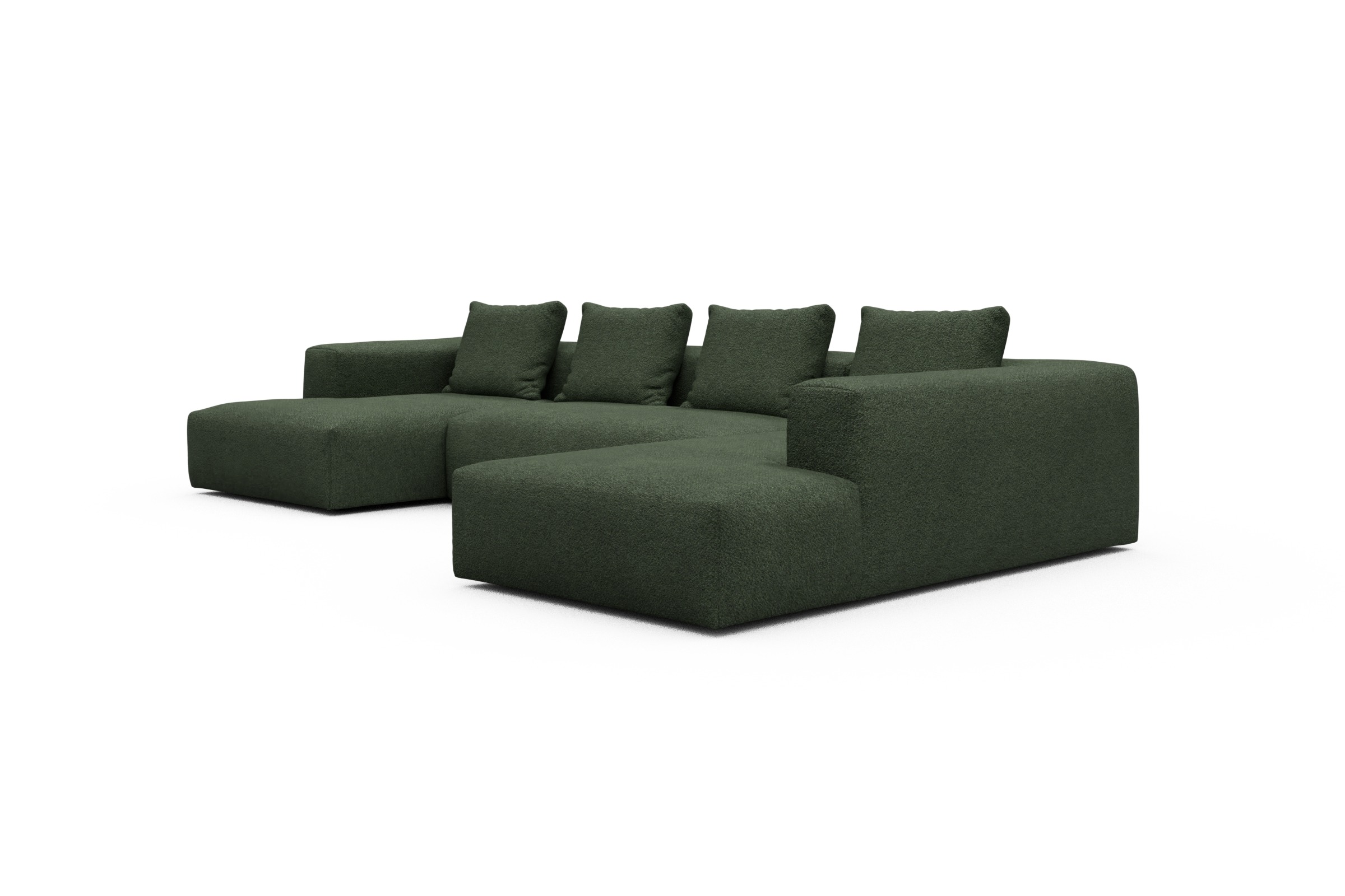 Wohnlandschaft Fred Relax-Ecke rechts mit 2-Sitzer und Chaiselongue links Boucle Vanora 869-Deep-Green
