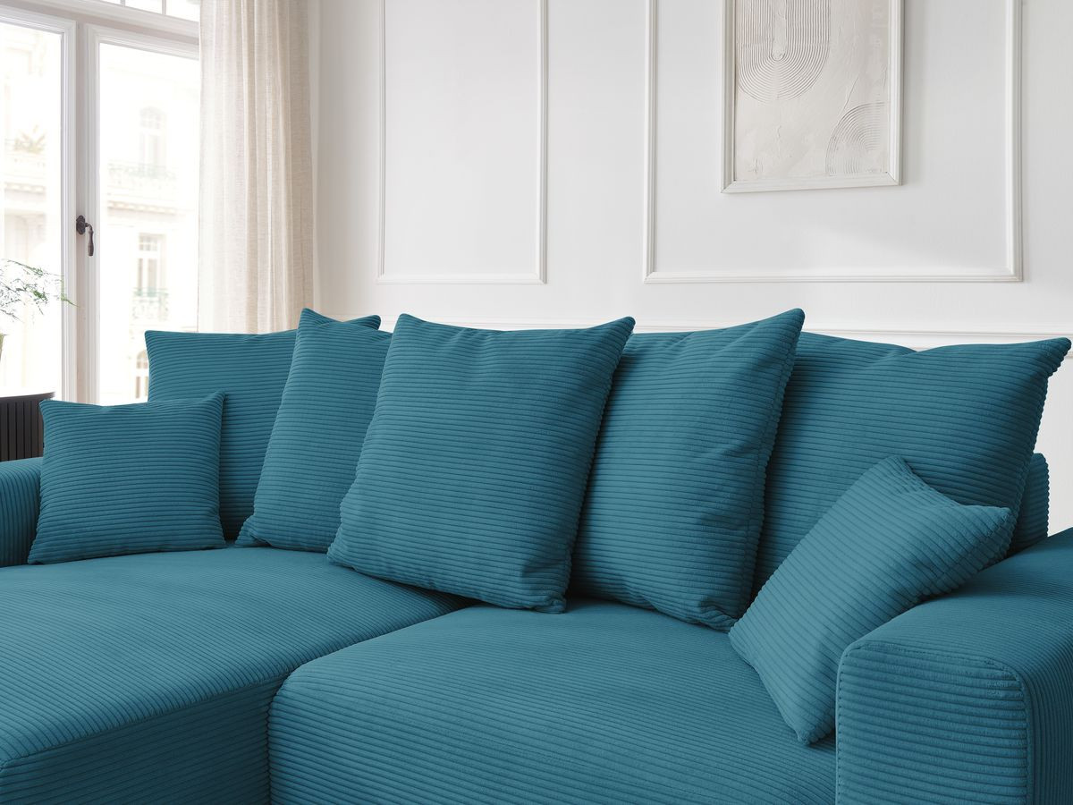 Bobochic Atilla Ecksofa mit Schlaffunktion und Bettkasten und Pouf Cordsamt Hellblau Ecke links