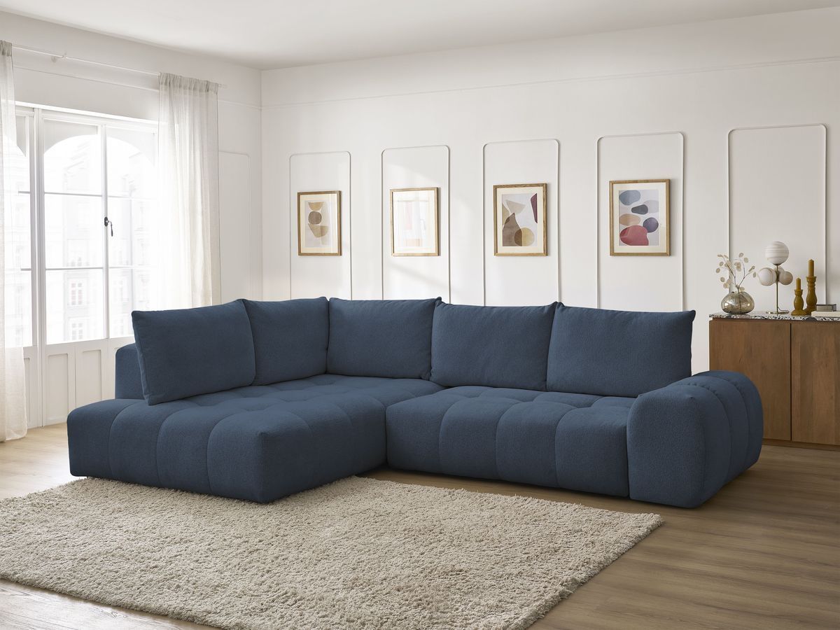 Bobochic Everest Ecksofa mit Schlaffunktion und Bettkasten 320 × 212 cm, 5 Kissen Melange-Stoff Dunkelblau Ecke links