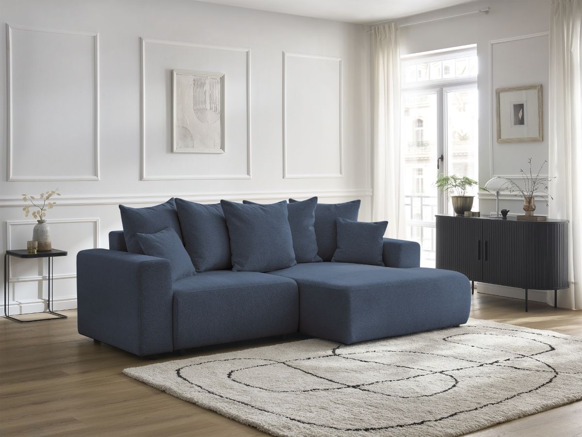 Bobochic Atilla Ecksofa mit Schlaffunktion und Bettkasten Melange-Stoff Blau Ecke rechts
