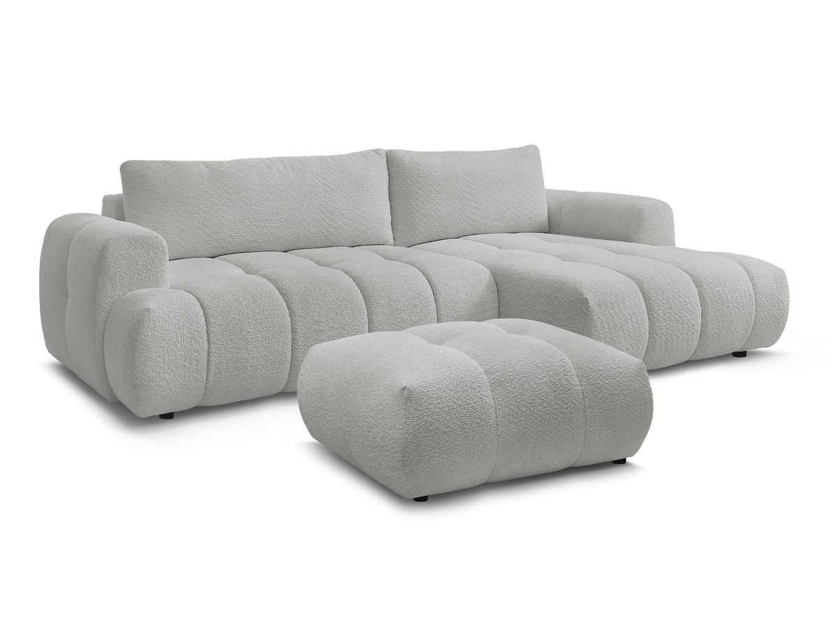 Bobochic Fuji Ecksofa mit Schlaffunktion und Bettkasten und Pouf 292 × 160 cm Bouclé-Stoff Hellgrau Ecke rechts